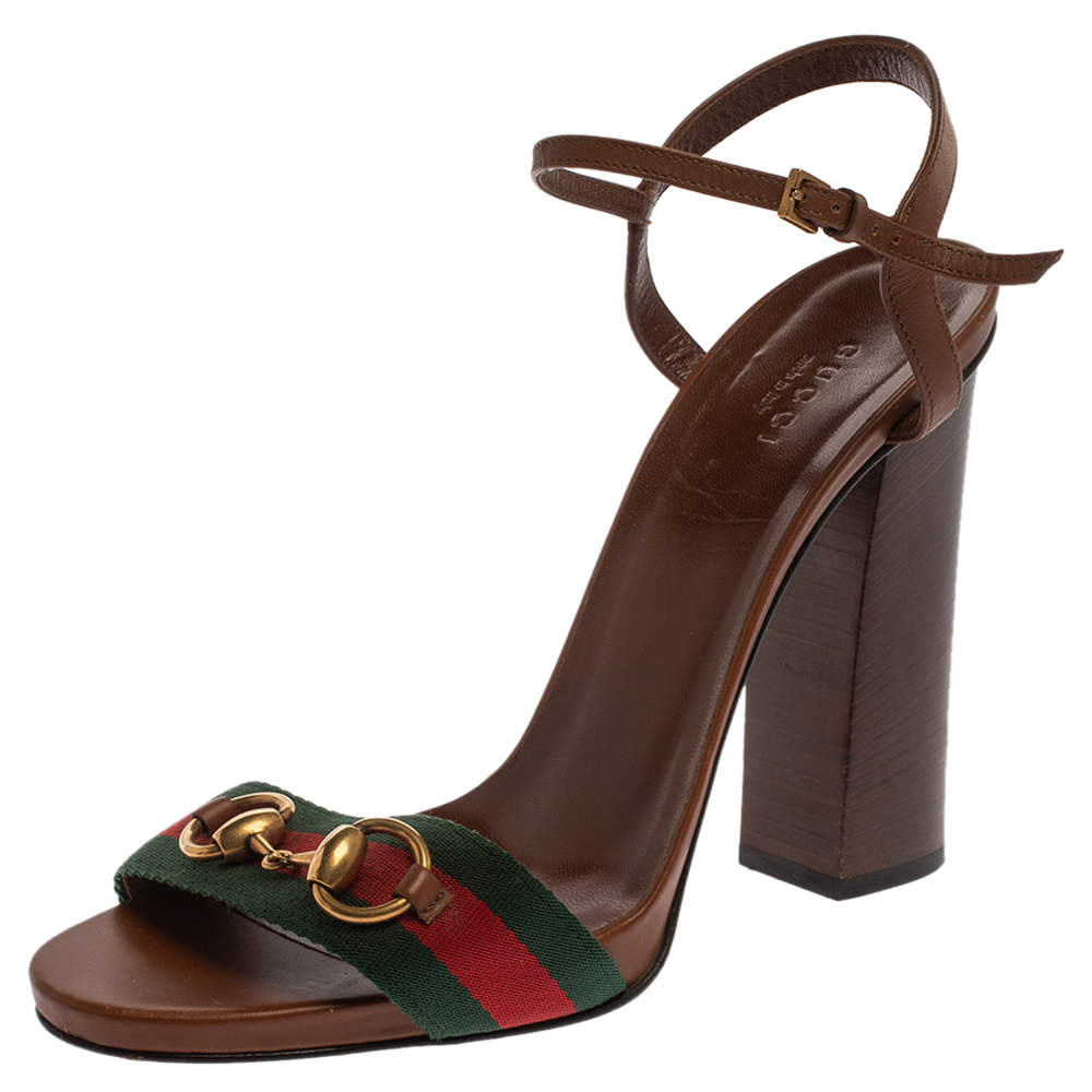 Gucci Brown Leather Horsebit Web Stripe Detail Ankle Strap Sandals Size ...