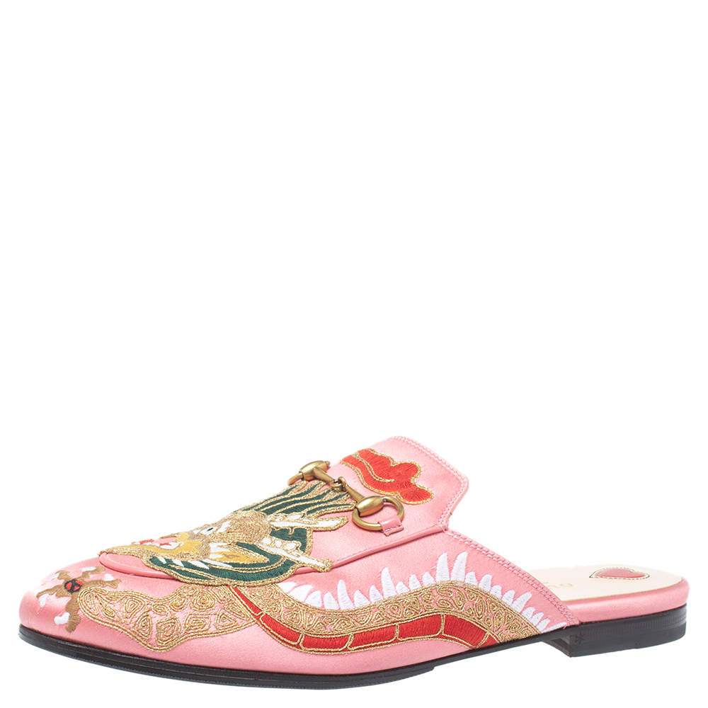 Gucci Pink Satin Dragon Embroidery Princetown Mule Flats Size 40
