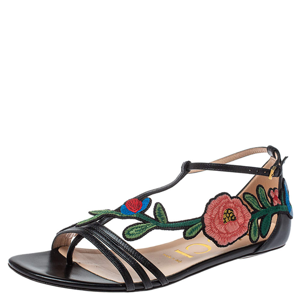 Gucci Black Leather Ophelia Floral-Embroidered Flat Sandals Size 38 ...