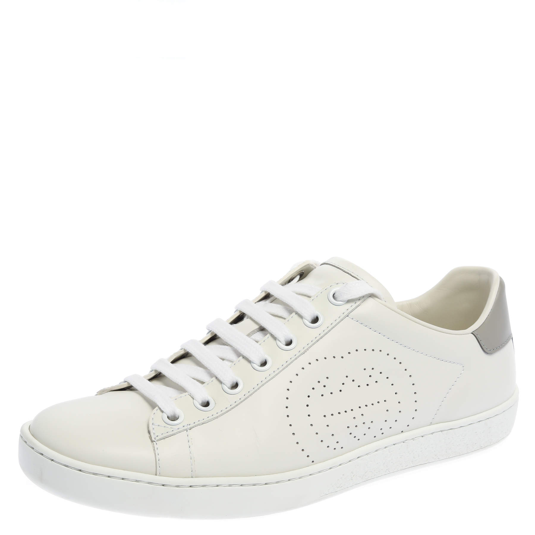 Gucci White/Grey Perforated Interlocking G Leather Ace Sneakers Size 37