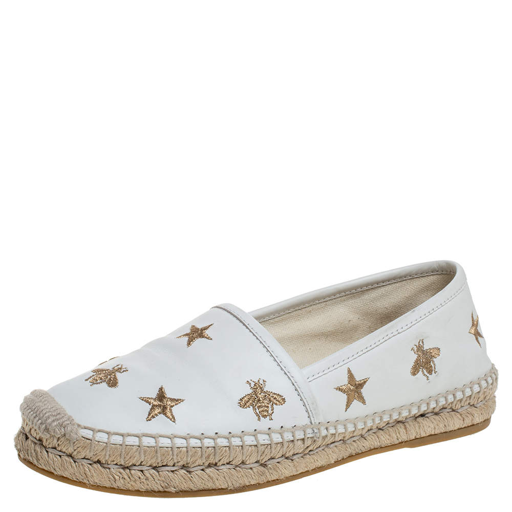 Gucci White Leather Pilar Bee Espadrilles Flats Size 35