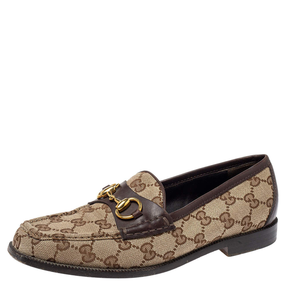 Gucci Brown GG Canvas and Leather Trim Horsebit Loafers Size 37