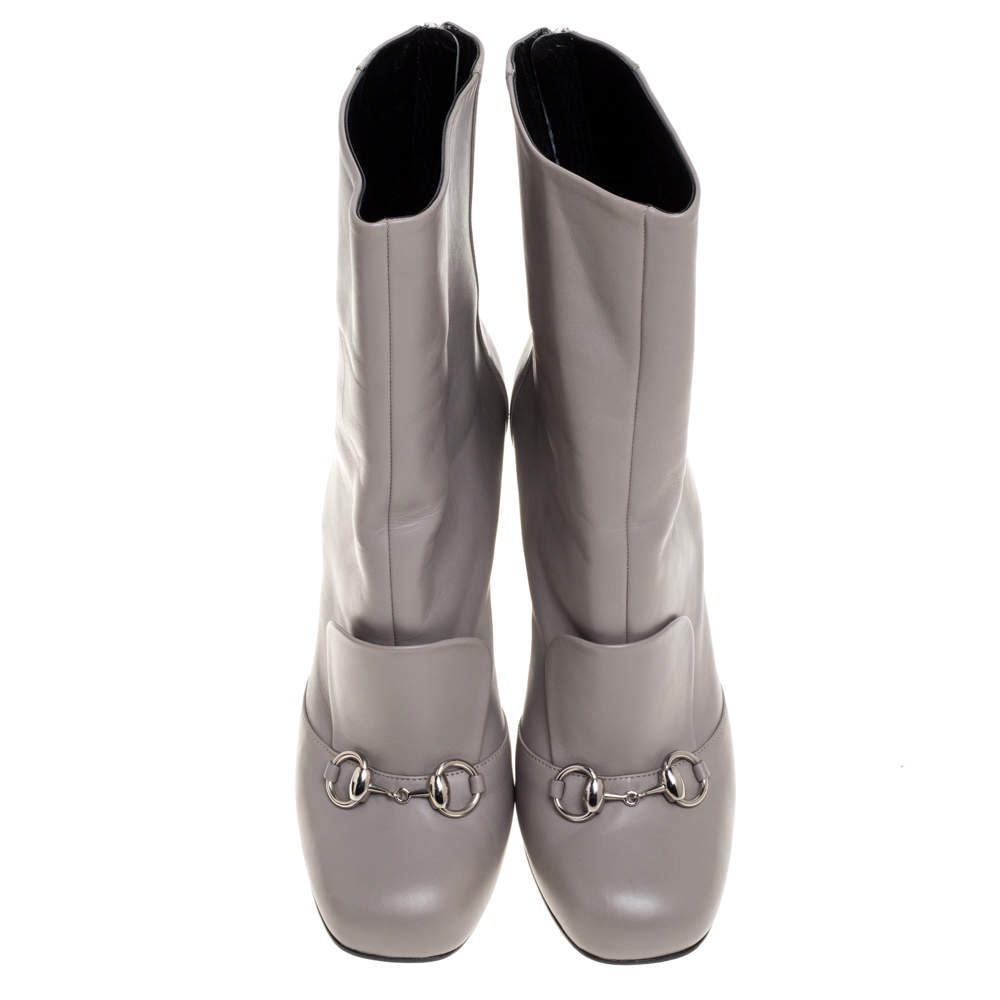 Gucci Grey Leather Lillian Horsebit Knee High Boots Size 41