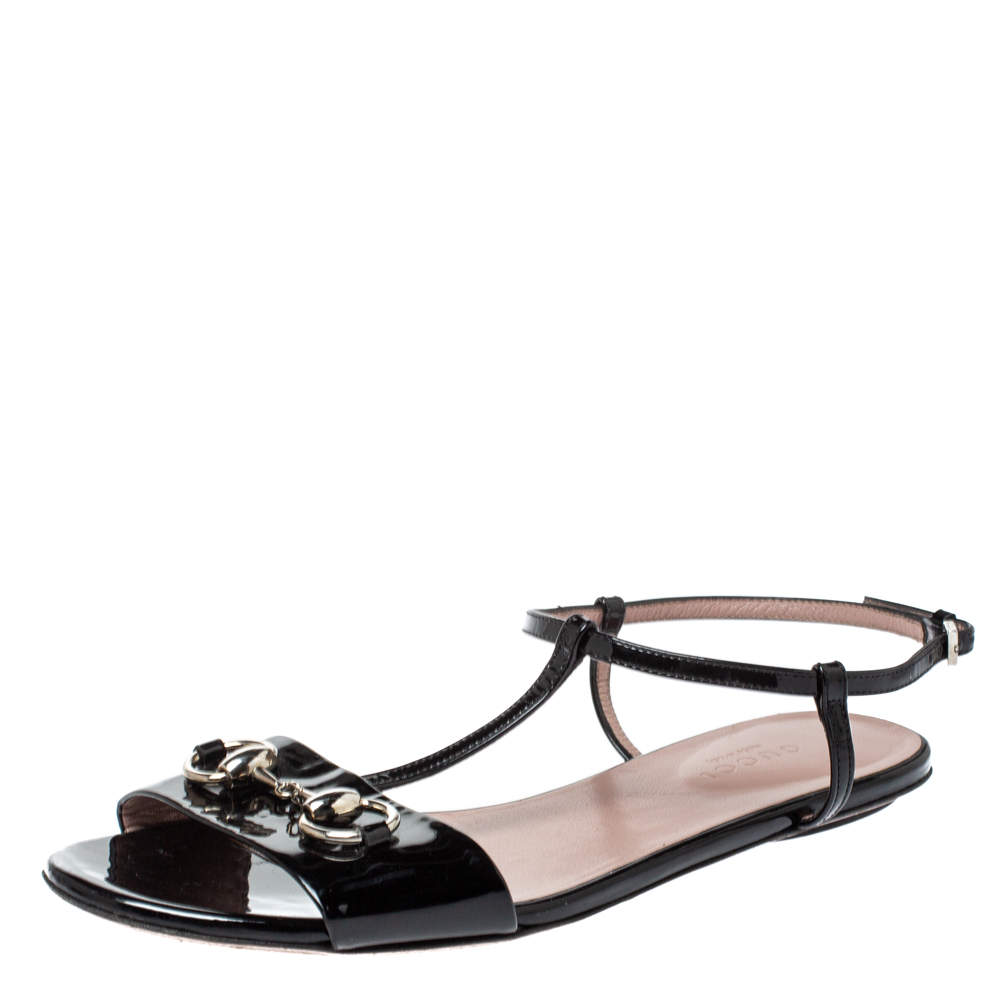 مملوكة مسبقًا Gucci Black Leather Horsebit T-Strap Flats Size 36