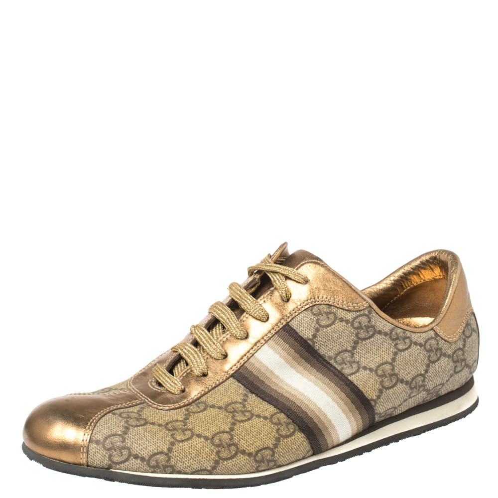Gucci Beige/Gold Supreme Canvas and Leather Web Low Top Sneakers Size 39