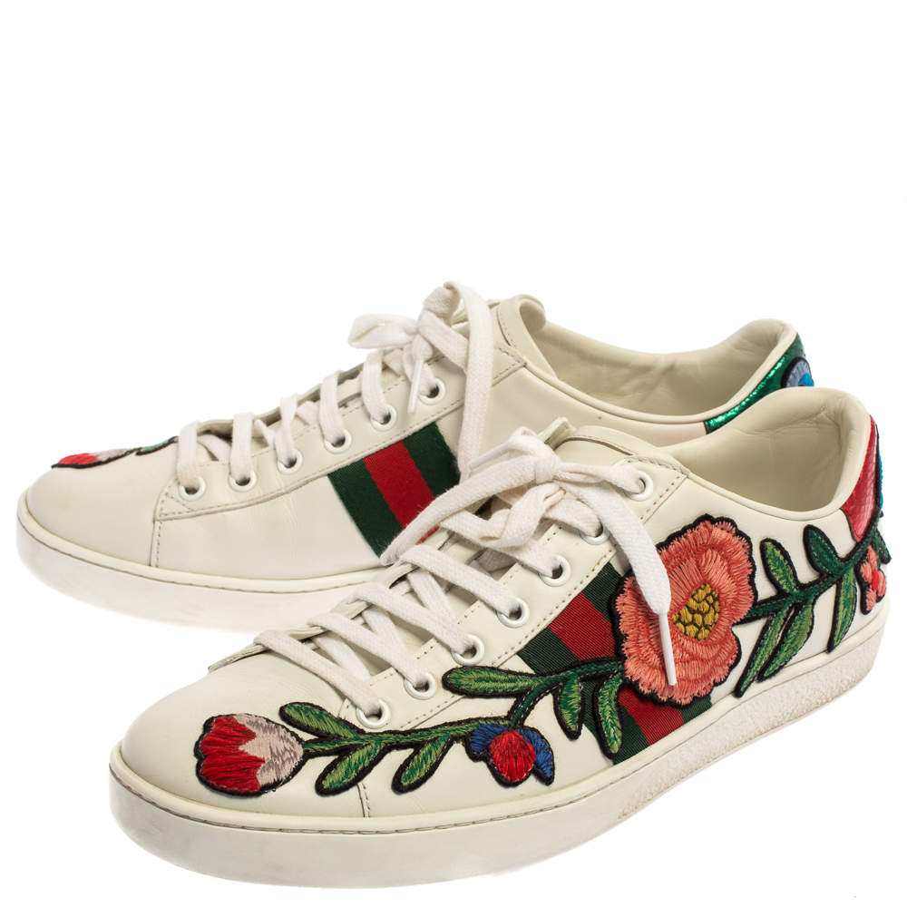 Gucci White Floral Embroidered Leather Ace Low Top Sneakers Size 40 Gucci |  TLC