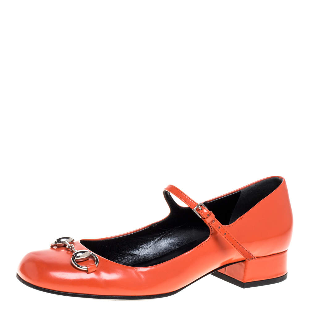 Gucci Orange Leather Horsebit Mary Jane Square Toe Flats Size 36.5