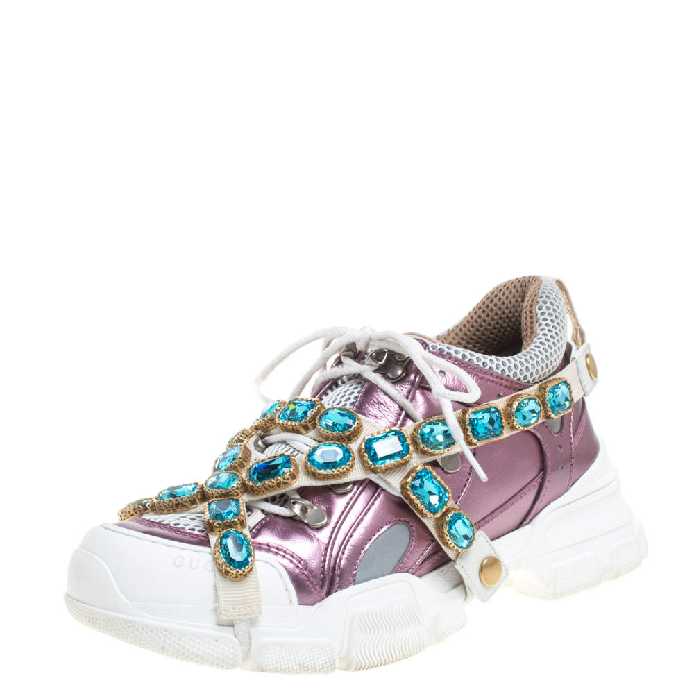 Gucci Metallic Purple Leather and Mesh Flashtrek Removable Crystals Sneakers Size 38