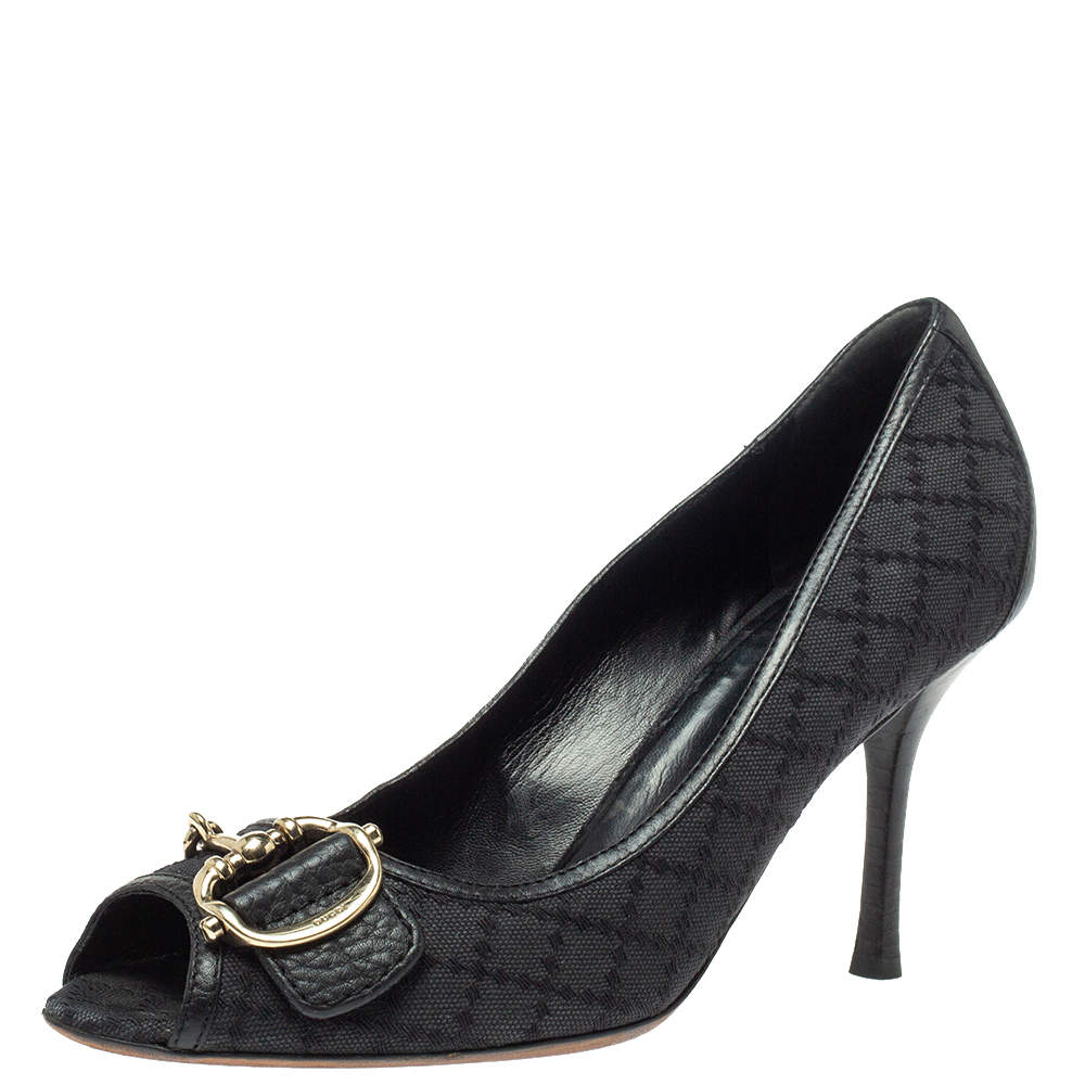 Gucci Black Diamante Canvas And Leather Trim Icon Bit Peep Toe Platform Pump Size 39