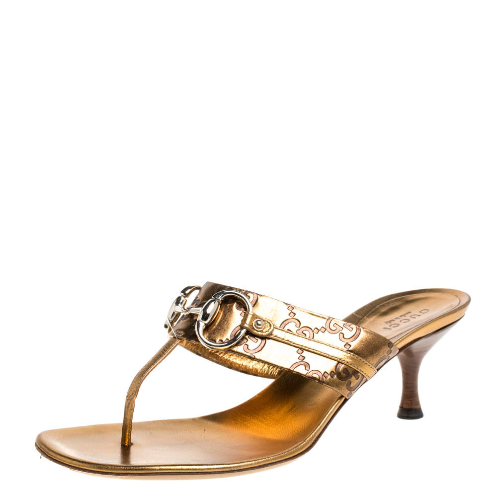 Gucci Gold Guccissima Leather Horsebit Slide Thong Sandals Size 37C ...
