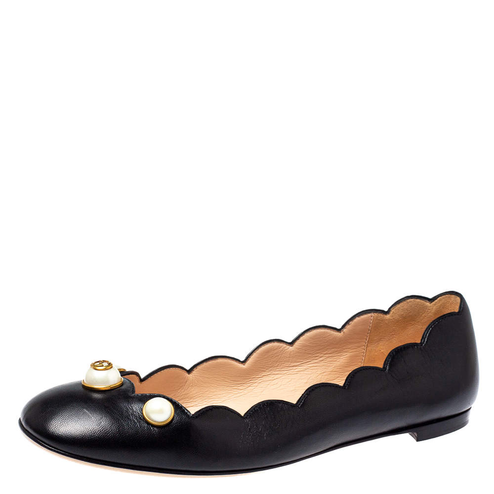 Pre Owned حذاء باليرينا فلات غوتشي مموج جلد أسود مقاس 38.5