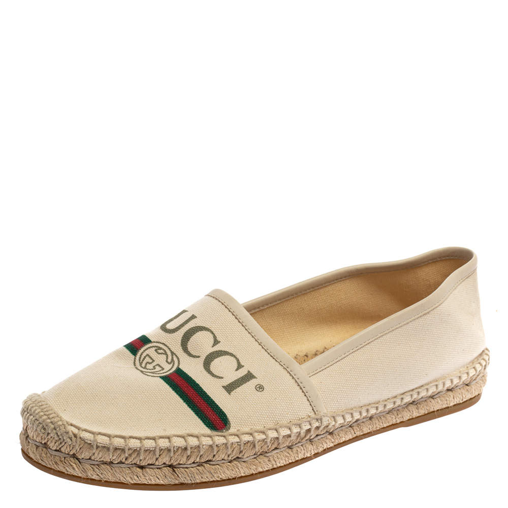 Gucci White Canvas And Leather Trim Logo Print Espadrilles Size 38.5 