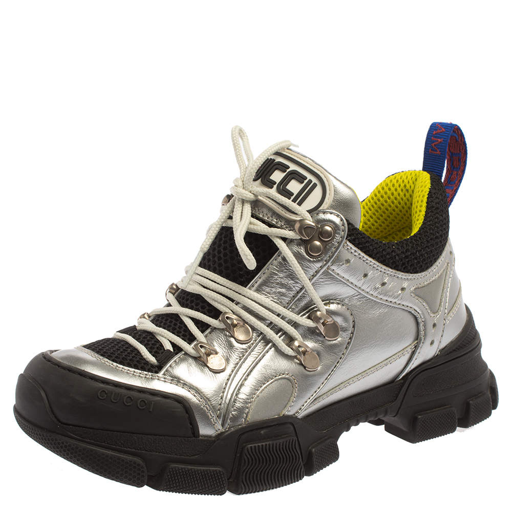 Gucci Silver/Black Leather And Mesh Flashtrek Low Top Sneakers Size 37