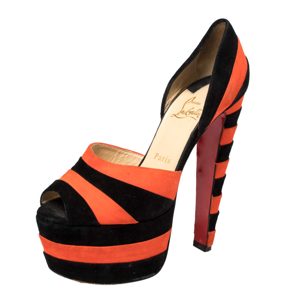 Christian Louboutin Black/Orange Suede Striped Platform Peep Toe Sandals Size 36