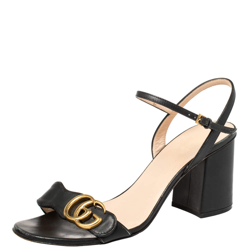 Gucci Black Leather GG Marmont Block Heel Ankle Strap Sandals Size 38 ...