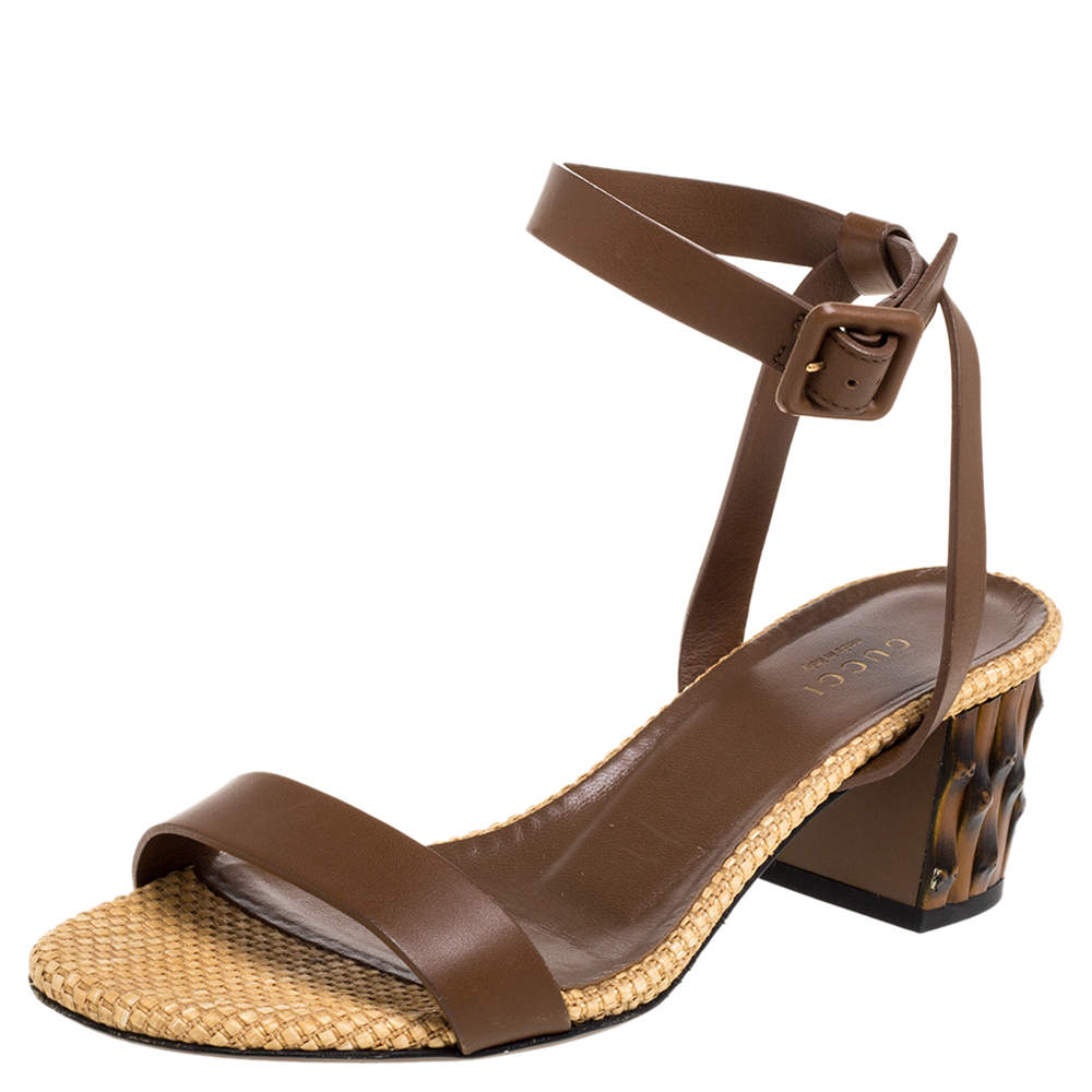 Gucci Brown Leather Dahlia Ankle Strap Sandals Size 37