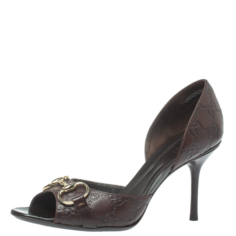 Pre Owned Gucci Brown Guccissima Leather Horsebit D'orsay Peep Toe Pumps Size 38.5