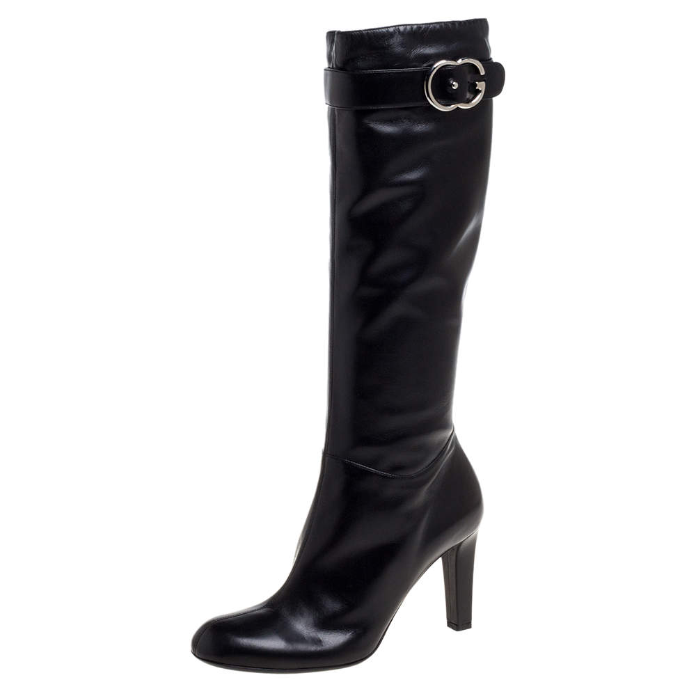 Gucci Black Leather Sachalin Double G Knee High Boots 40