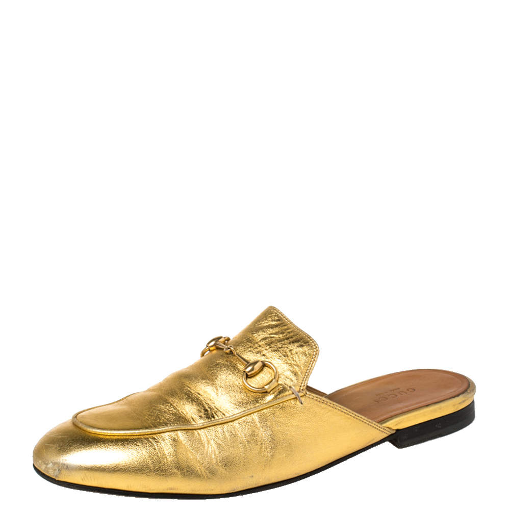 مملوكة مسبقًا Gucci Metallic Gold Leather Horsebit Princetown Mules Size 39.5