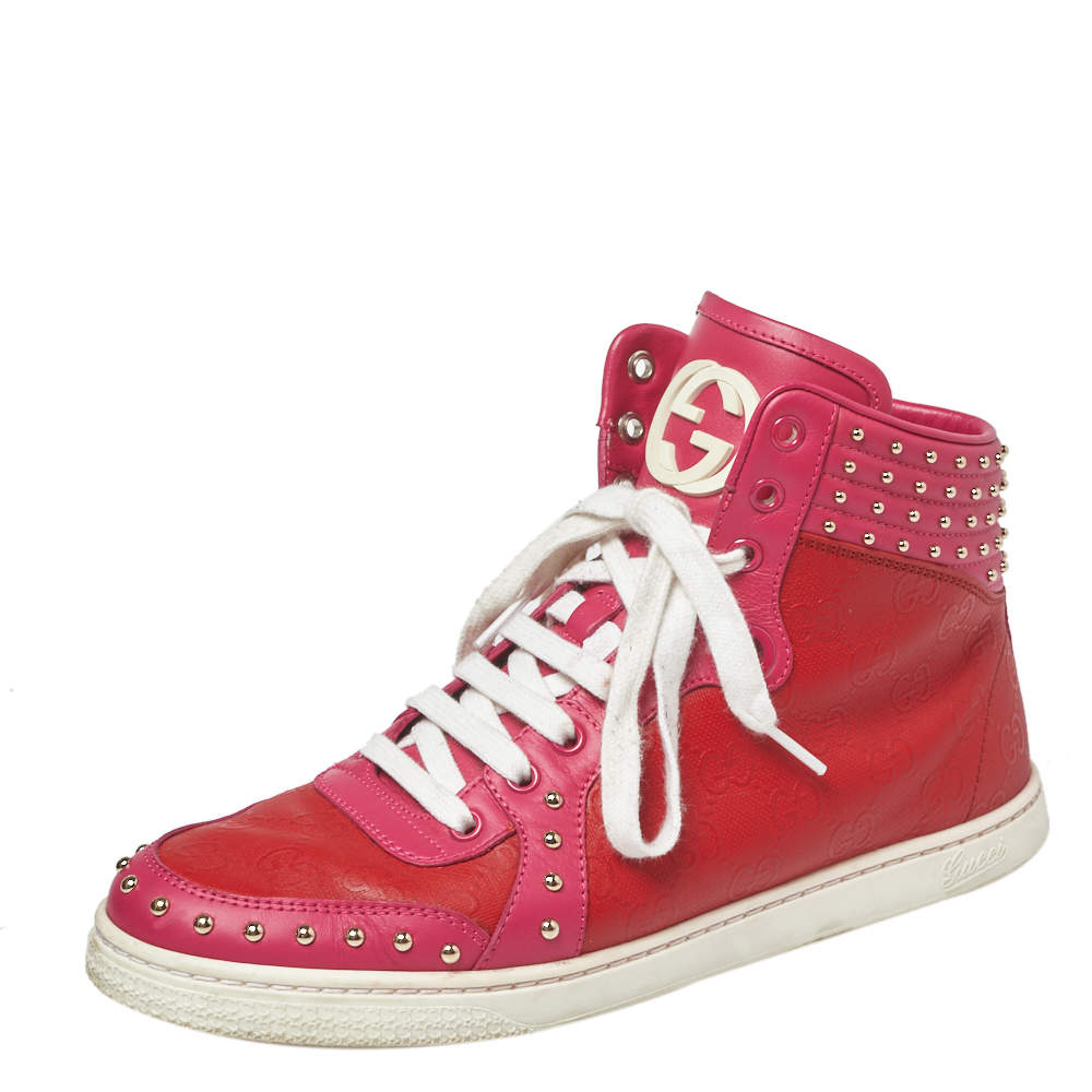 Pre Owned Gucci Two Tone Studded GG Leather Dapper Dan High Top Sneakers Size 39.5