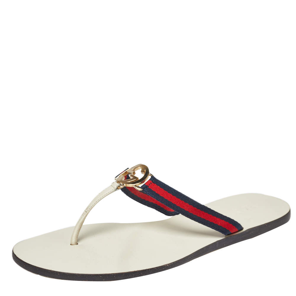 Gucci White Canvas GG Web Thong Slide Sandals Size 38.5