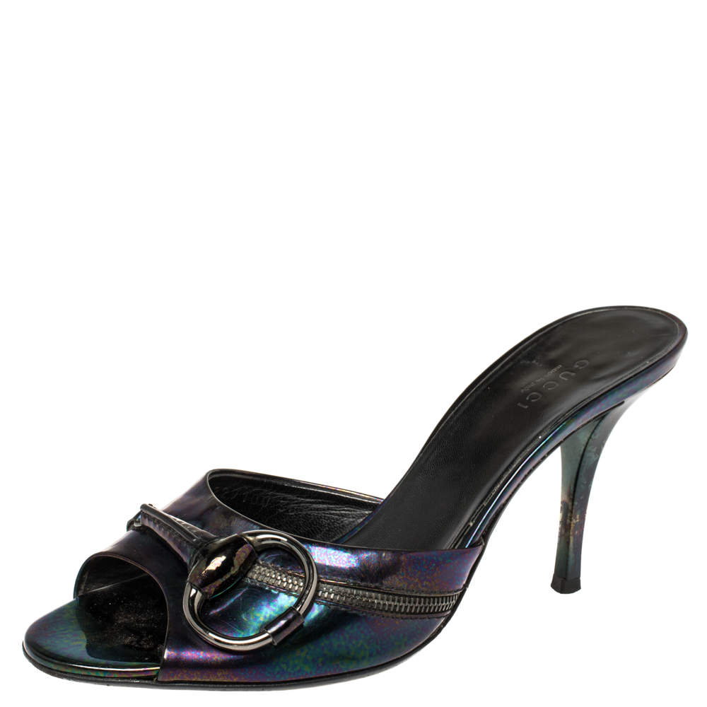 Pre Owned Gucci Iridescent Patent Leather Horsebit Slides Size 38