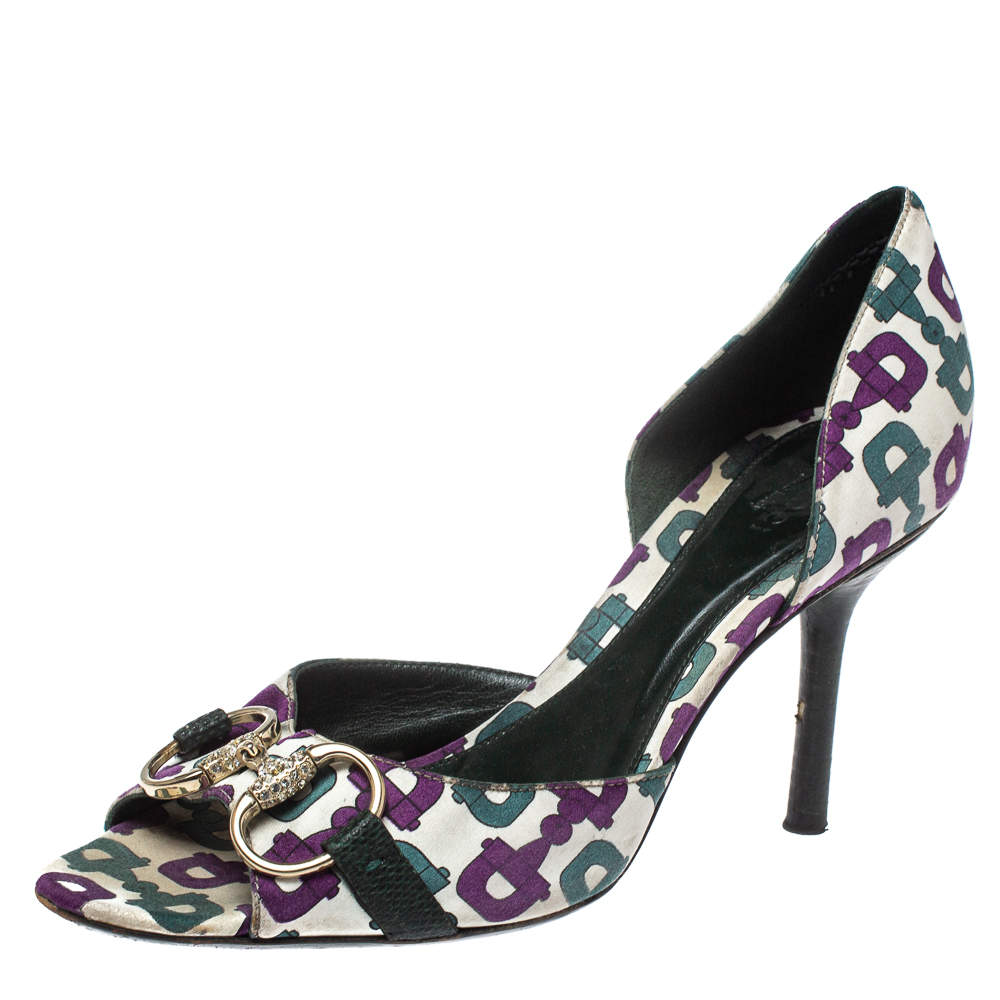 Pre Owned صندل غوتشي دورسي هورسبي ساتان ثلاثي اللون نمط مطبوع مقاس 36