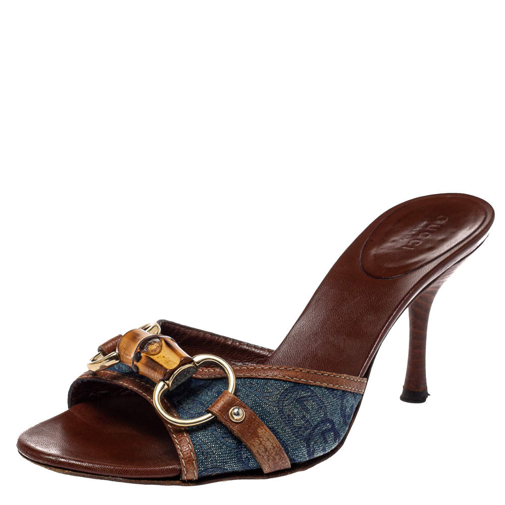 مملوكة مسبقًا Gucci Blue/Brown Denim And Leather Horsebit Slides Size 36.5