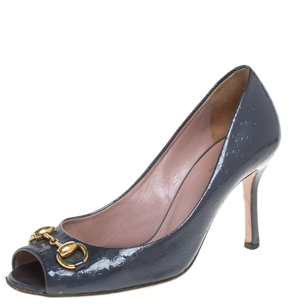 Pre Owned حذاء كعب عالي غوتشي هورسبيت مقدمة مفتووحة جلد غوتشيسيما رصاصي لامع مقاس 36.5