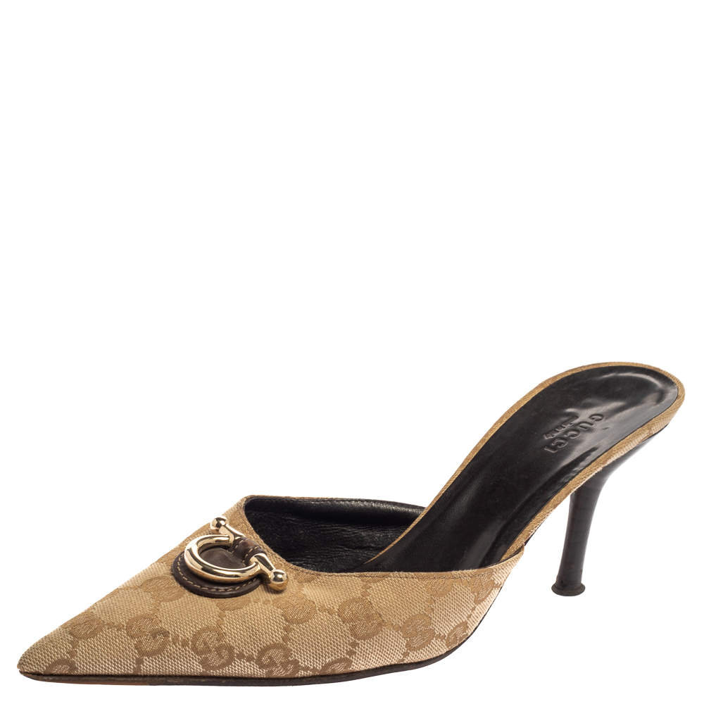 Pre Owned Gucci Beige GG Canvas Mules Size 38.5