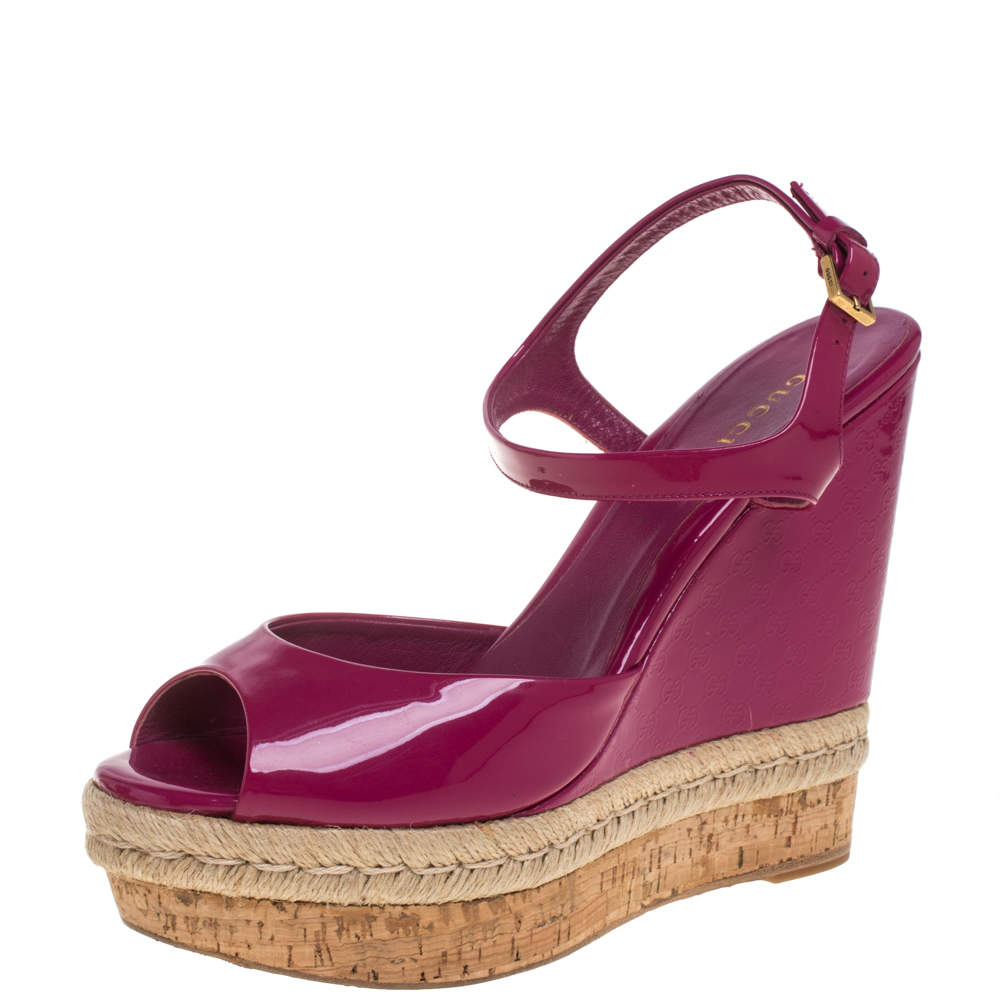 Gucci Pink Guccissima Patent Leather Cork Wedge Sandals Size 40