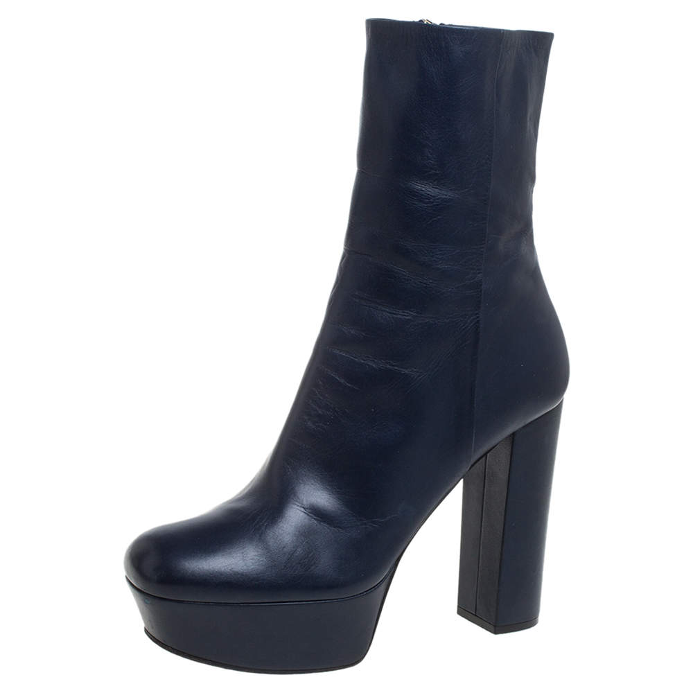 Pre Owned Gucci Blue Leather Platform Block Heel Ankle Boots Size 40
