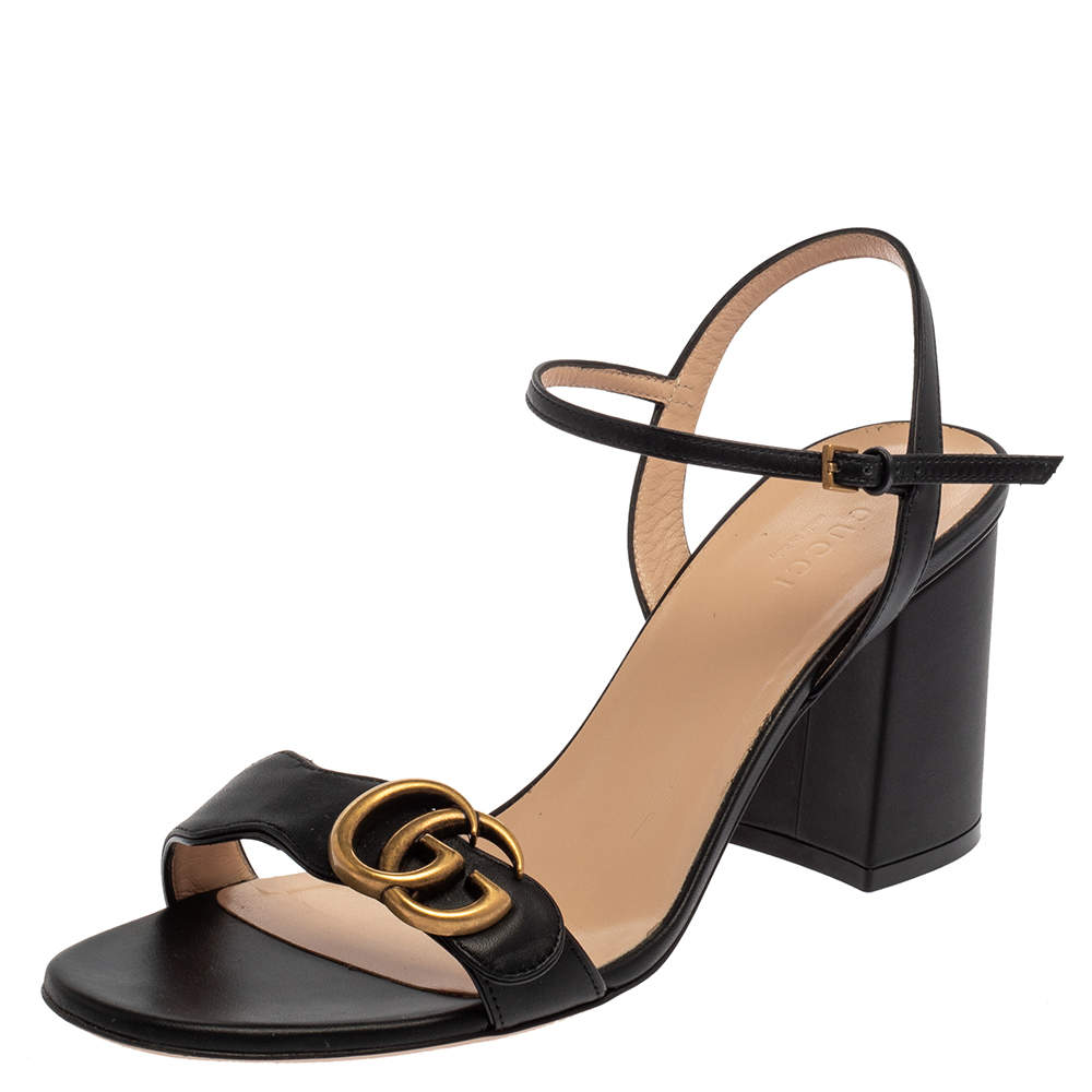 Pre Owned Gucci Black Leather GG Marmont Block Heel Ankle Strap Sandals Size 39