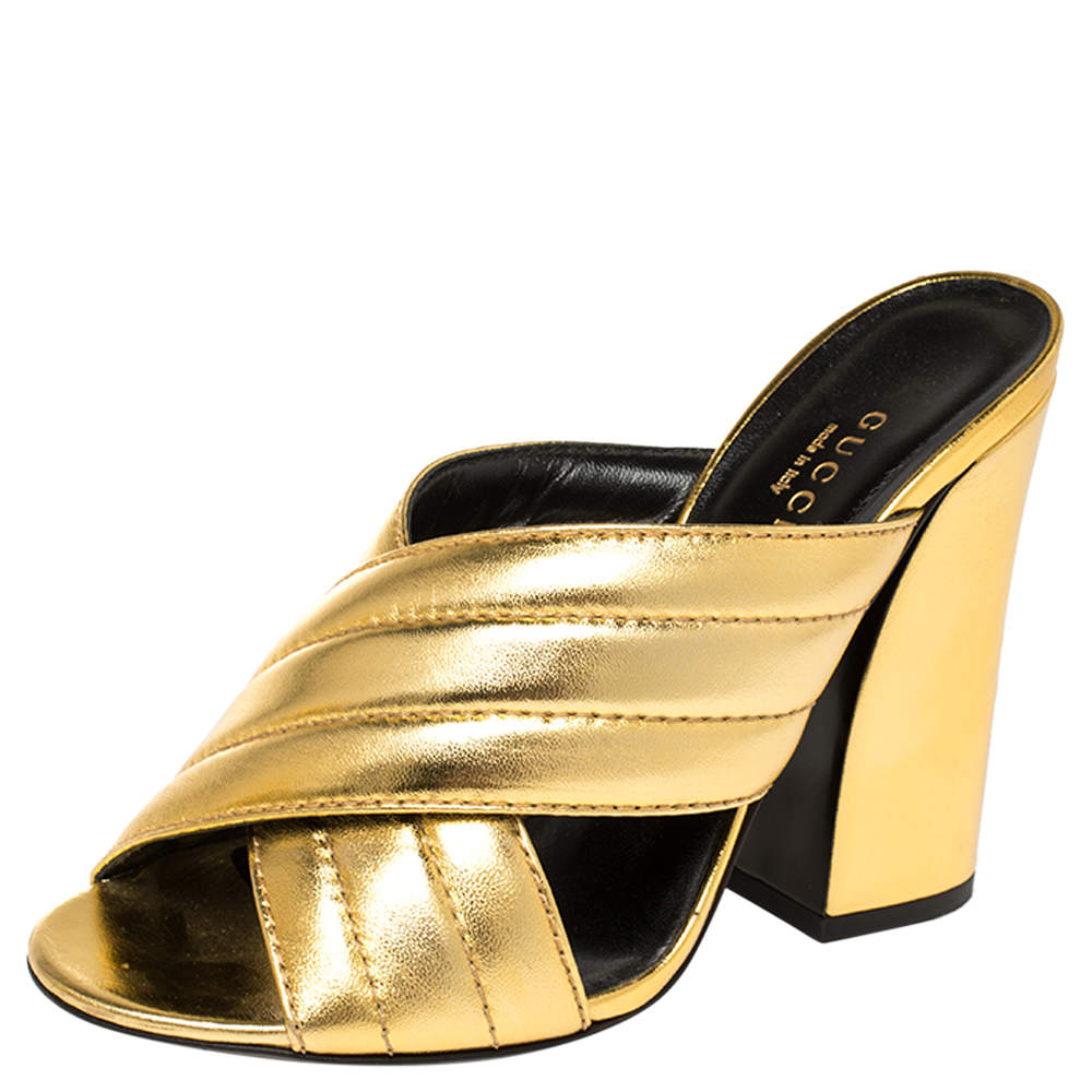 Pre Owned Gucci Metallic Gold Quilted Leather Webby Mules Sandals Size 37