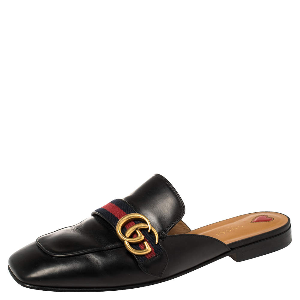 Pre Owned Gucci Black Leather Web GG Logo Flat Mules Size 41