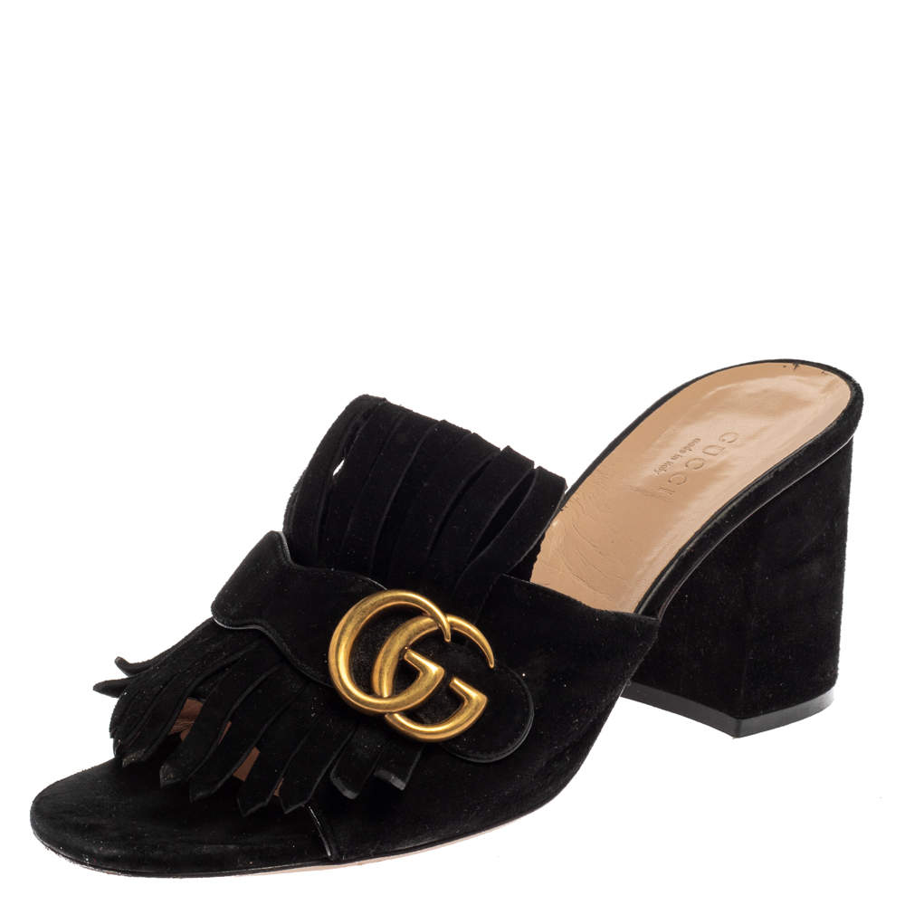 Pre Owned Gucci Black Suede GG Marmont Fringe Sandals Size 39.5