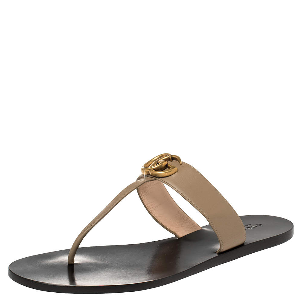 Pre Owned حذاء غوتشى بإصبع فلات جى جى جلد بيج مقاس 41