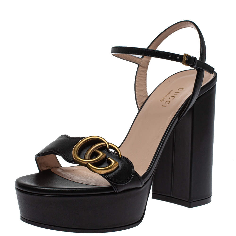 Pre Owned Gucci Black Leather GG Marmont Ankle Strap Sandals Size 35