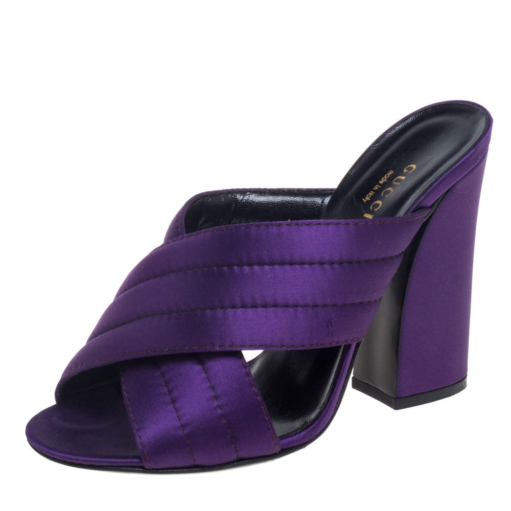 Pre Owned Gucci Purple Satin Webby Quilted Block CrissCross Sandals Size 37.5