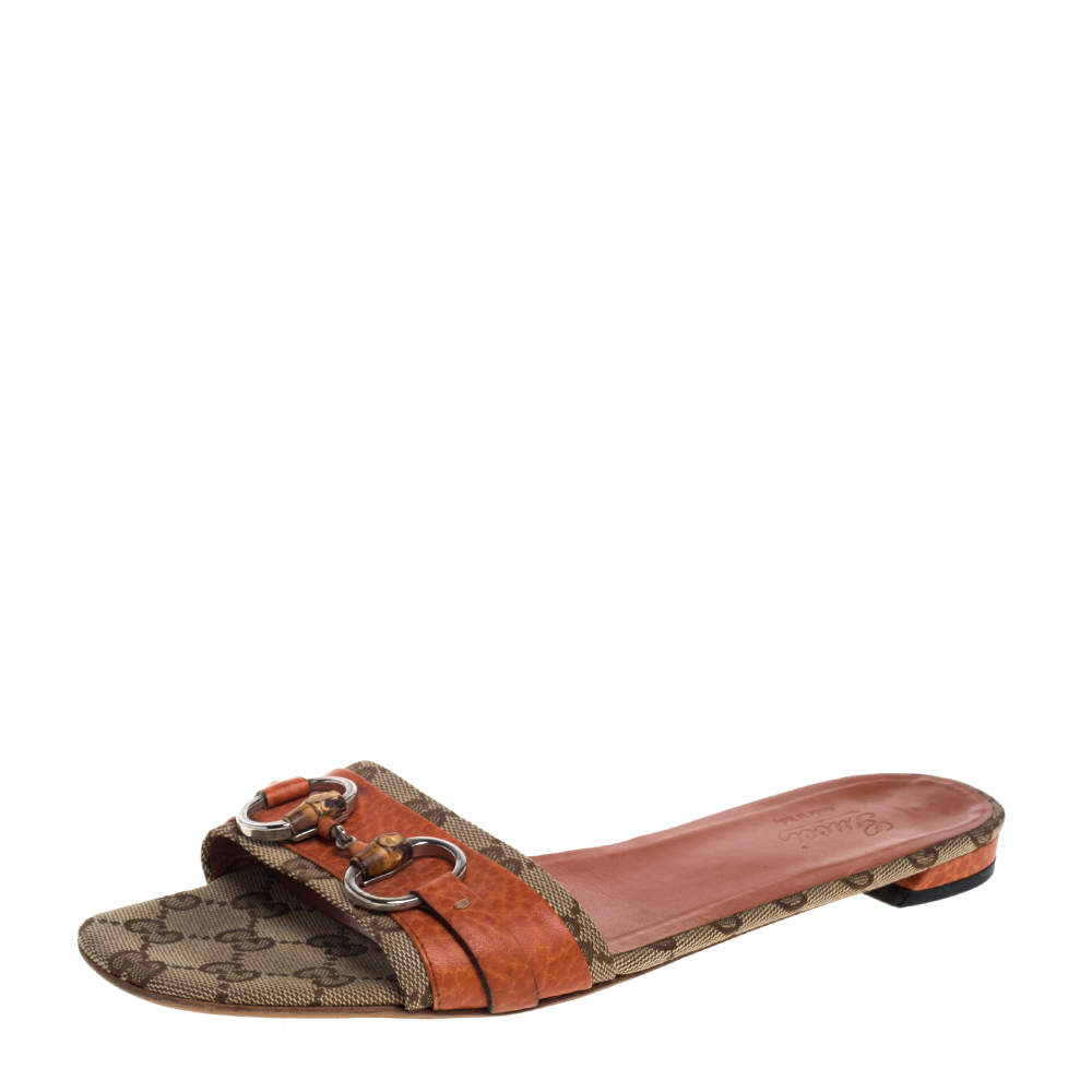 مملوكة مسبقًا Gucci Beige/Brown GG Canvas And Leather Horsebit Slide Sandals Size 39.5
