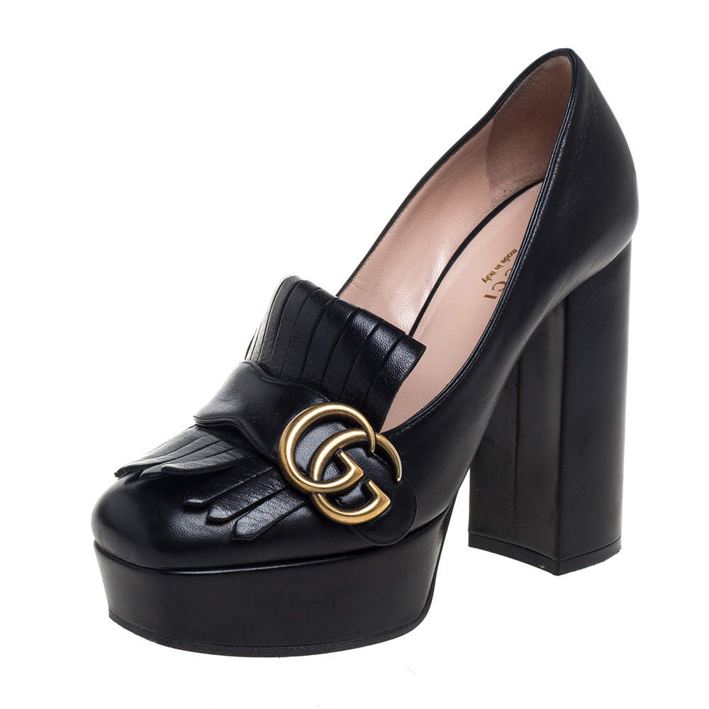 Pre Owned Gucci Black Leather Fringe Marmont GG Pumps Size 35.5