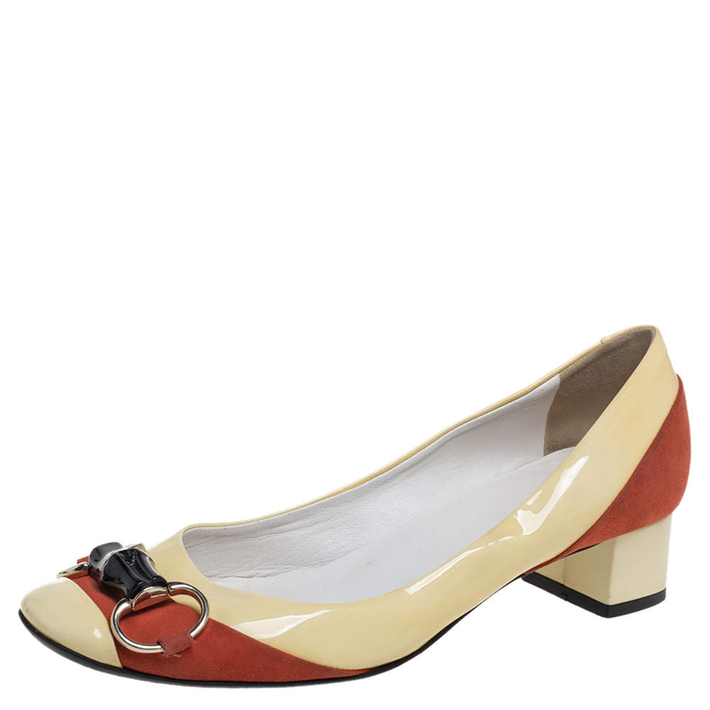 Gucci Yellow/Red Patent Leather And Suede Bamboo Horsebit Round Toe Pumps Size 37