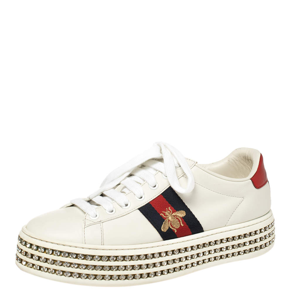 مملوكة مسبقًا Gucci White Leather Ace Crystal Embellished Platform Sneakers Size 38