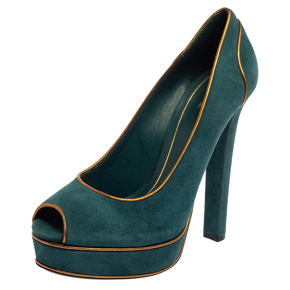 Gucci Teal Green Suede And Gold Leather Piping Detail Peep Toe Platform Pumps Size 39.5