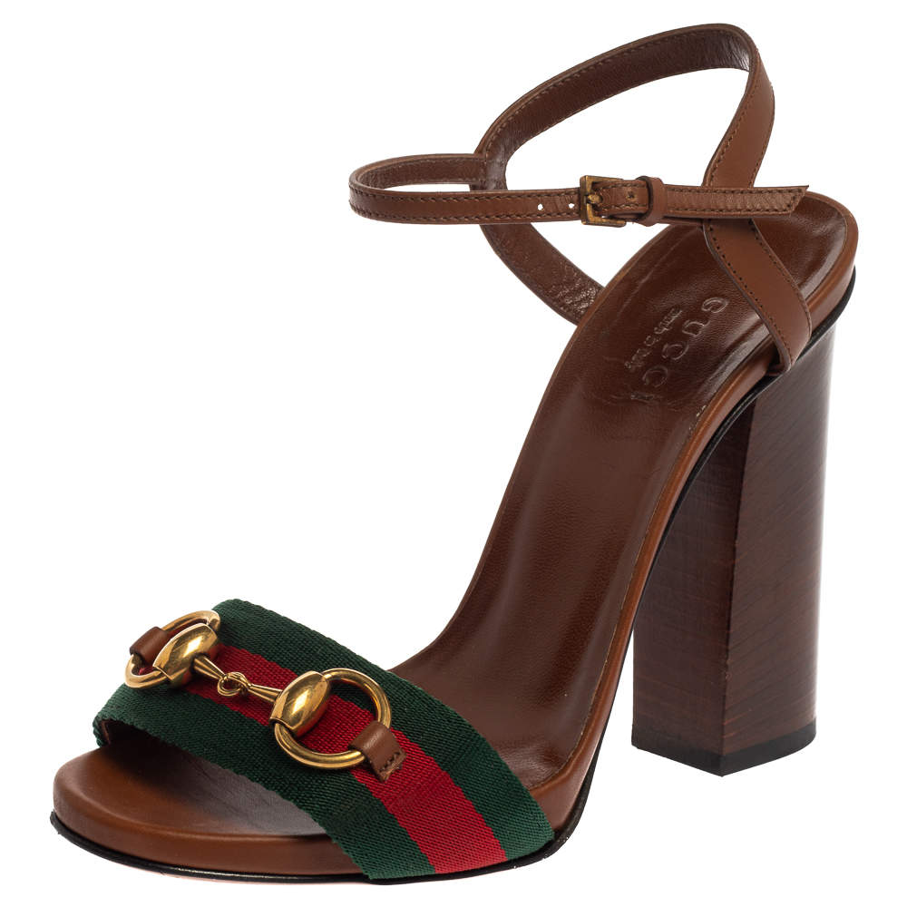 Pre Owned Gucci Brown Leather And Horsebit Web Stripe Detail Ankle Strap Sandals Size 35