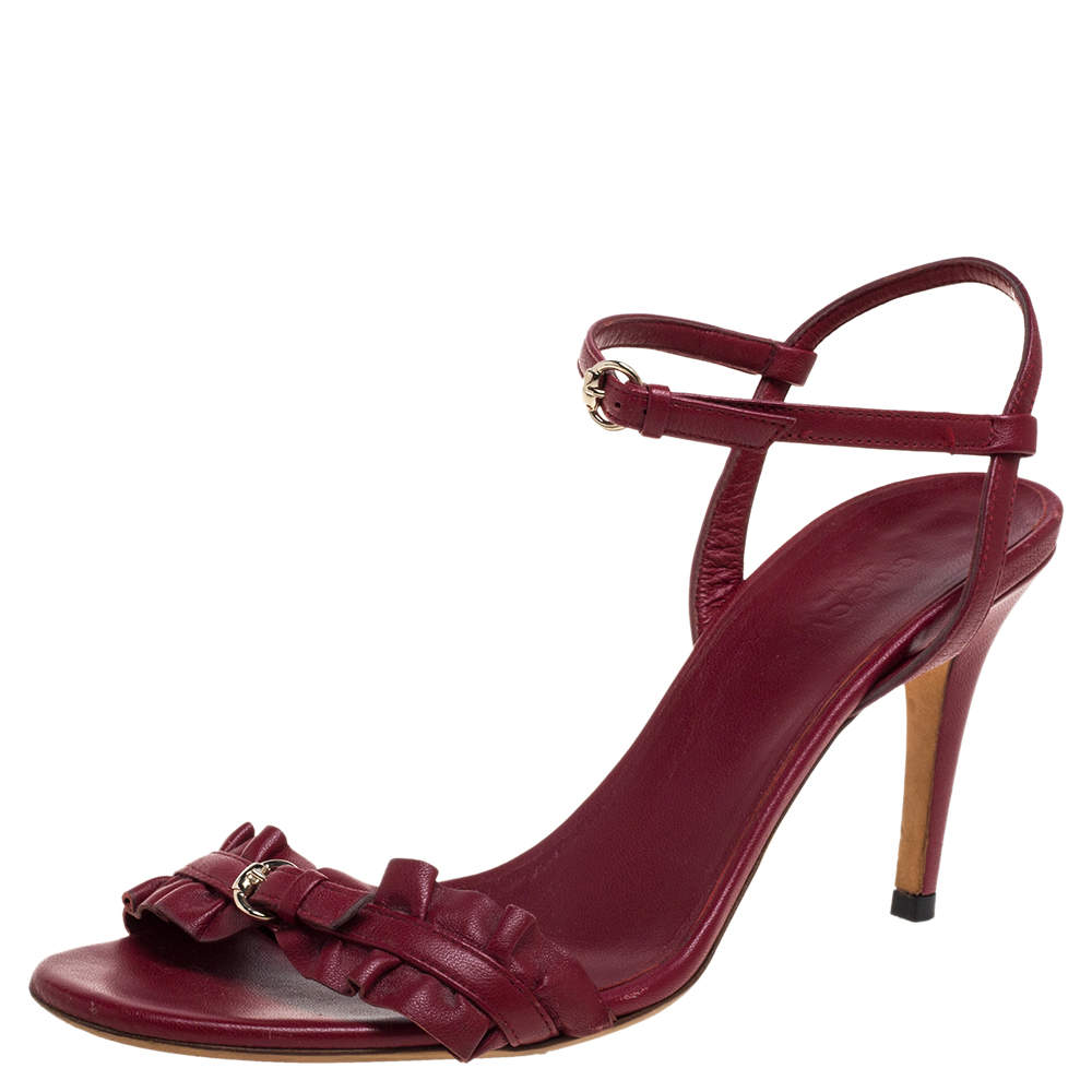 Pre Owned Gucci Burnt Red Leather Ruffle Trimmed Sandals Size 38