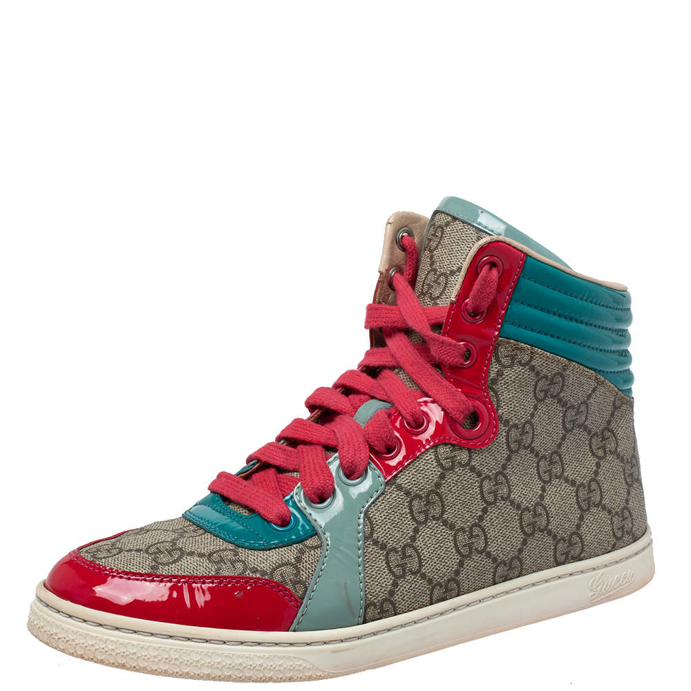 Gucci  Multicolor GG Canvas And Patent Leather High Ankle Sneakers Size 36