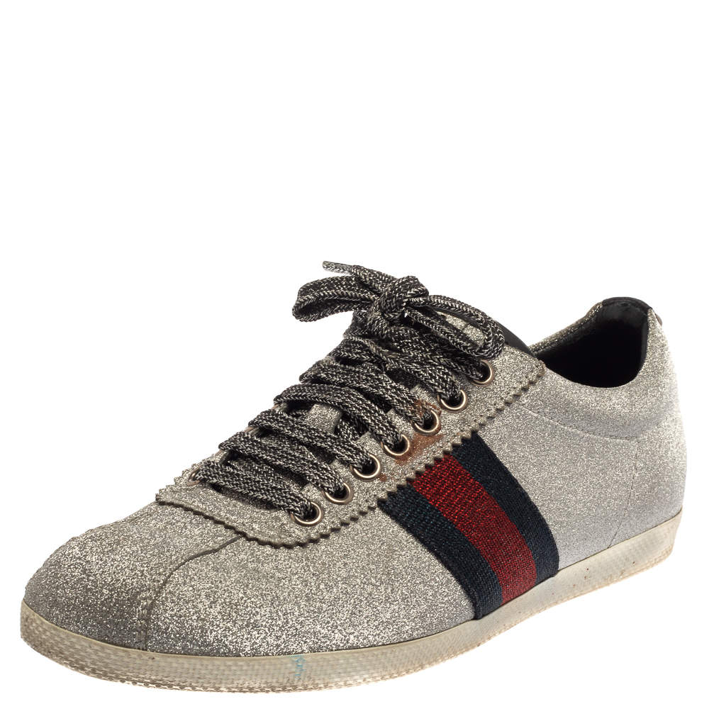 Pre Owned Gucci Metallic Silver Glitter Bambi Web Detail Studded Low Top Sneakers Size 37