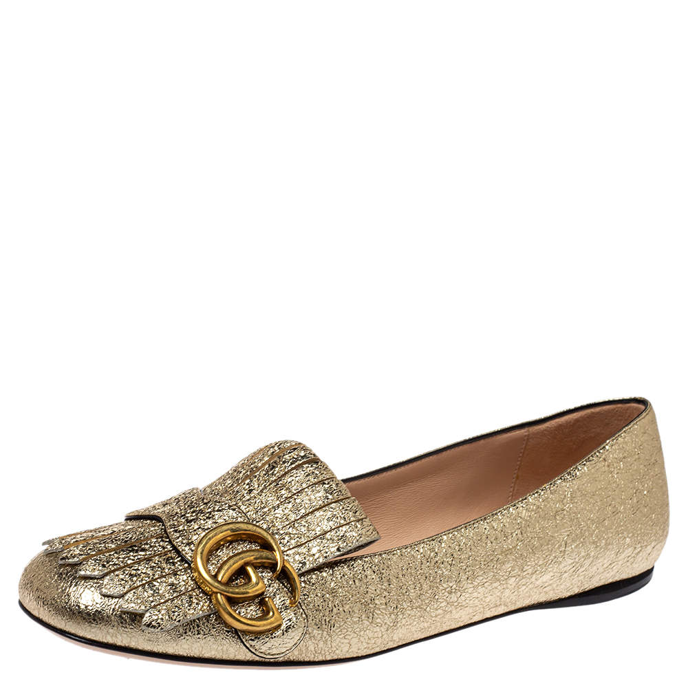Gucci Metallic Gold Foil Leather GG Marmont Fringe Detail Flats Size 38.5