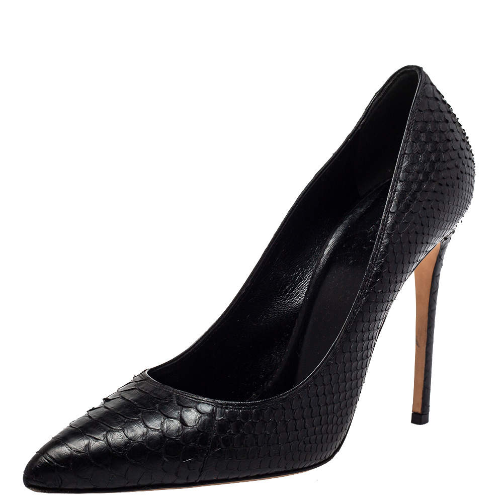 Pre Owned حذاء كعب عالي غوتشي مقدمة مدببة جلد ثعبان أسود مقاس 40